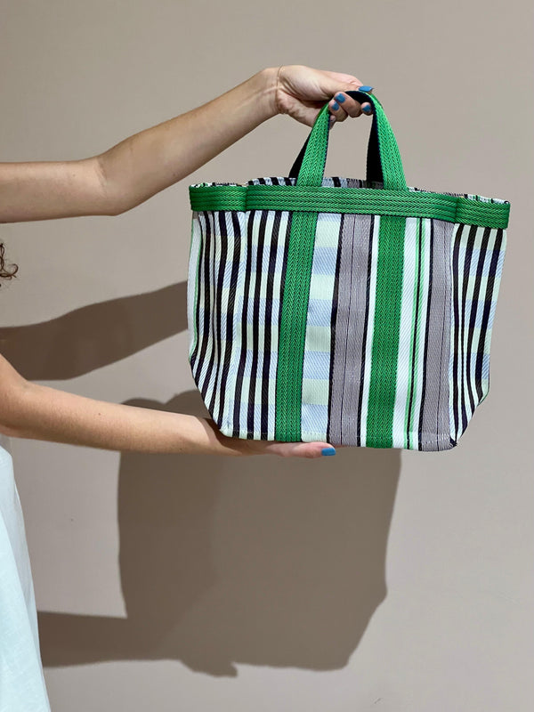 BORSA RIGATA CON BORDATURA IN TESSUTO VERDE