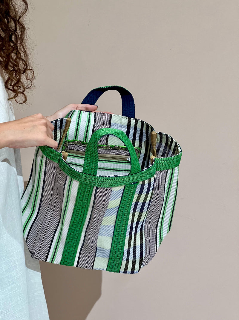 BORSA RIGATA CON BORDATURA IN TESSUTO VERDE