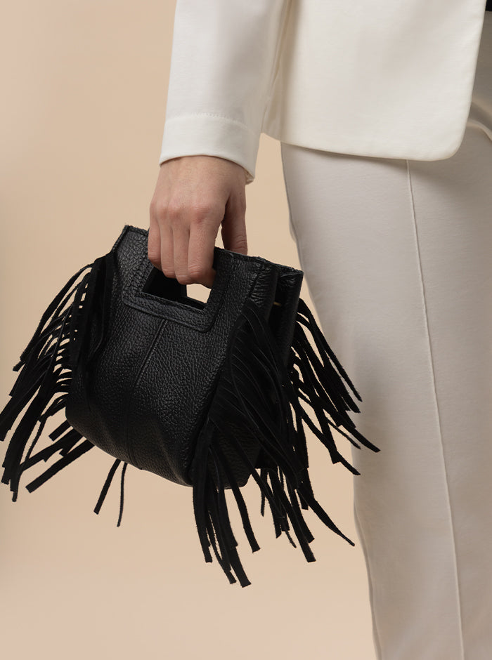 Borsa Pochette Nera Con Frange Pochette Camoscio Nera Pochette
